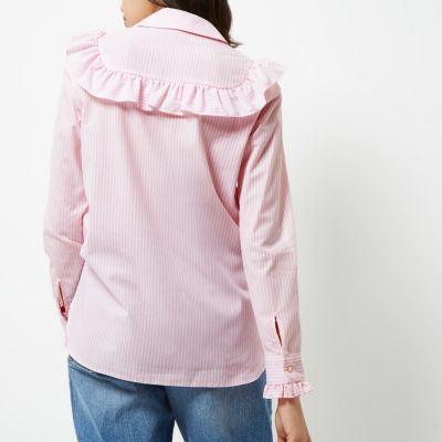 Pink stripe V frill oversized shirt